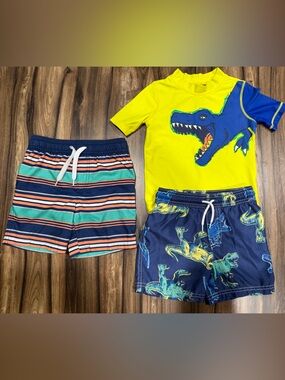 Carter's Boys Yellow Rash Guard with Blue Dino Swim Shorts & Striped Swim Trunks